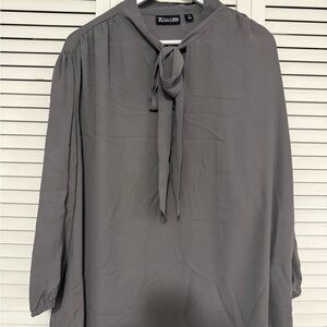 New York & Company Charcoal Blouse with Tie-Neck